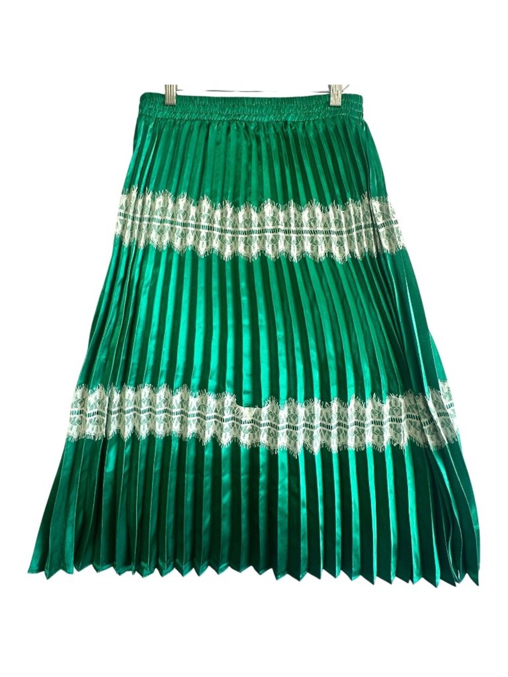 Endless Rose Emerald Green Satin Lace Pleated Midi Skirt Elastic Waist Size M